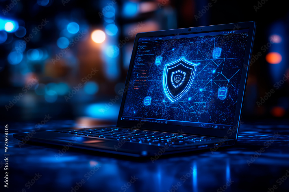 Aufkleber laptop with cybersecurity interface against a blurred blue background. ai generative.