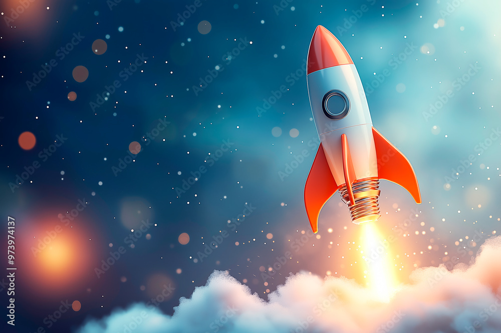Poster colorful rocket launching into space with a starry background.