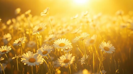 Golden hour light illuminates a field of daisies in full bloom, capturing the beauty of nature at sunset