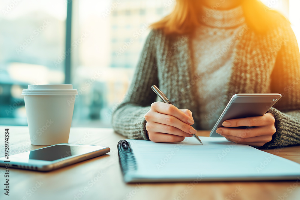 Poster woman writing in notebook while using smartphone in cozy cafe with morning light.