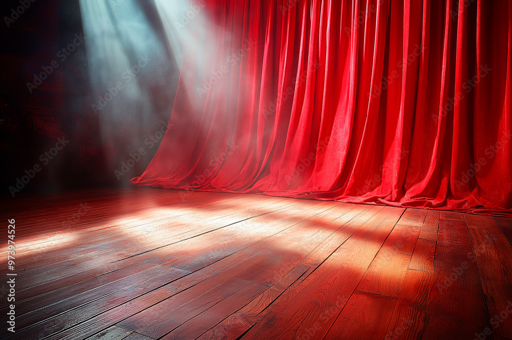 Poster Empty stage with dramatic lighting and red curtains in a theater. Ai generative.