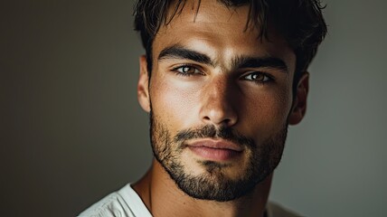 Fototapeta premium A close-up portrait of a handsome young man with striking features and intense eyes, capturing his confident expression and charm.