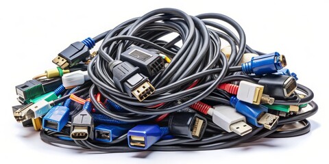 Assorted computer monitor cables, including HDMI, DVI, VGA, DisplayPort, and USB, tangled together, showcasing various