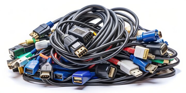 Assorted computer monitor cables, including HDMI, DVI, VGA, DisplayPort, and USB, tangled together, showcasing various