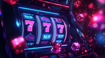 Jackpot symbols aligned on a casino slot machine reel, with neon lights and sparkling effects highlighting the thrill of gambling