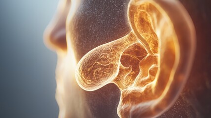 A detailed 3D illustration of a human ear highlighting its anatomical features and structure, emphasizing hearing and sound.