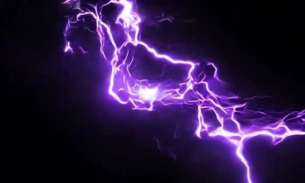 Mystic high power huge colorful purple lightning bolts on black background. Generative AI
