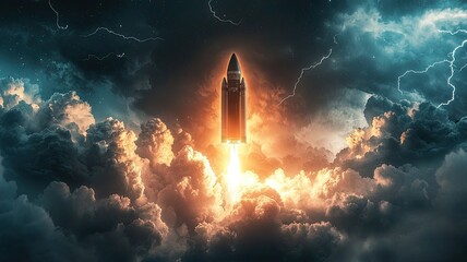 Obraz premium A dramatic rocket launch amidst stormy clouds and lightning, symbolizing exploration and the spirit of adventure.