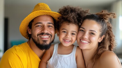 Fototapeta premium A joyful family portrait featuring a smiling mother, father, and daughter, showcasing love and happiness in a bright environment.