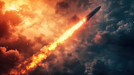 A dramatic rocket launch piercing through fiery clouds, symbolizing innovation, exploration, and the power of technology.