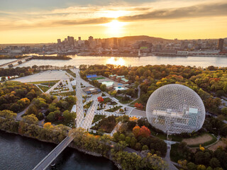 Aerial view of Montreal Biosphere in autumn sunset time, Jean-Drapeau Park, Saint Helen's Island....