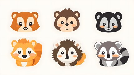 Fototapeta premium Six Adorable Cartoon Animal Faces with Big Eyes and Smiles