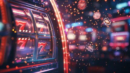 Obraz premium Slot machine jackpot win, neon lights flashing with sparkles, capturing the excitement of a casino game win-up close