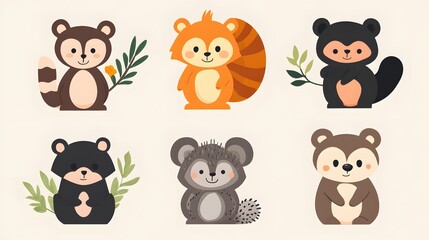 Obraz premium Six Adorable Cartoon Animals with Leaves and Flowers