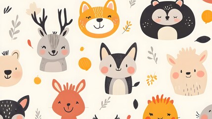 A white background with various cute animal faces