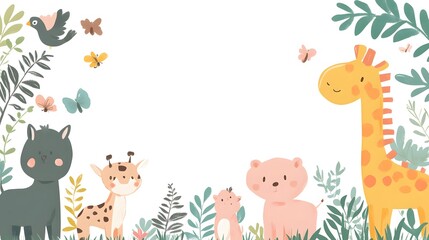 Fototapeta premium Adorable Cartoon Animals in a Lush Green Jungle Setting