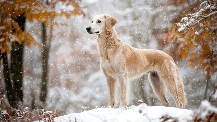 A golden dog stands majestically in a winter landscape, surrounded by snow and autumn foliage, embodying tranquility and beauty.