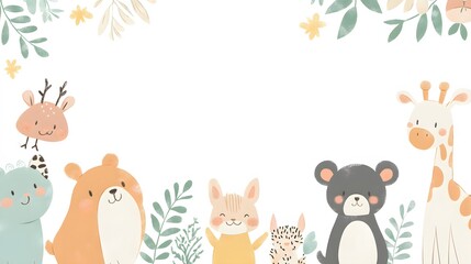 Naklejka premium Adorable Cartoon Animals with Green Leaves Border