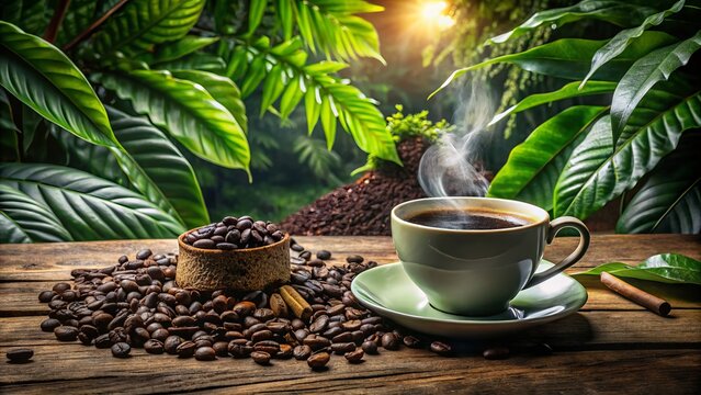 A steaming cup of freshly brewed coffee sits on a rustic wooden table surrounded by aromatic coffee beans