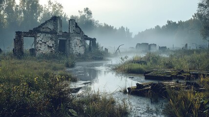 Fototapeta premium A haunting view of an abandoned building surrounded by mist and overgrown vegetation, evoking mystery and nostalgia.