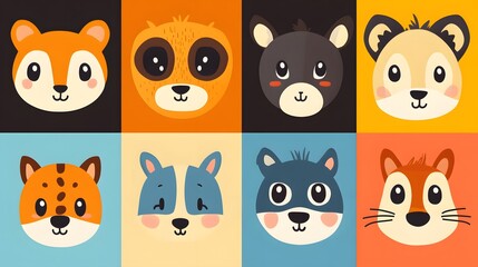 Fototapeta premium Colorful Illustration of Eight Adorable Animal Faces
