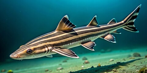 A striped catshark, its slender body adorned with striking dark stripes on a cream background, swims quietly, its