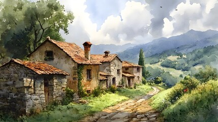 Tranquil 19th century European countryside with green hills, cobbled streets and quaint stone cottages, immortalized in watercolor on canvas