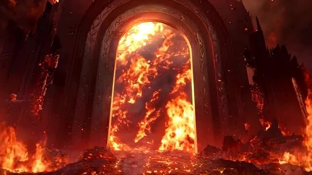 Hell's gate with eerie red glow, tormented souls, and fire, dramatic scene,
