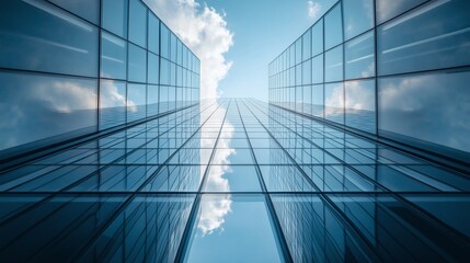 Obraz premium Looking up at the glass building from below, with a sky background, in the style of commercial photography