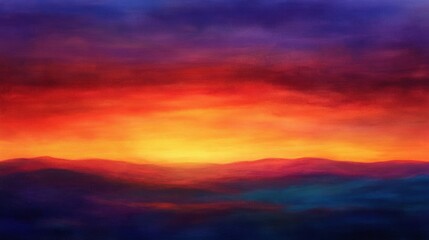 Fototapeta premium A colorful sunrise with deep reds and oranges blending into purples and blues, the horizon gently glowing with early morning light.