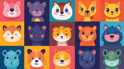Colorful Cartoon Animal Faces in Grid Pattern