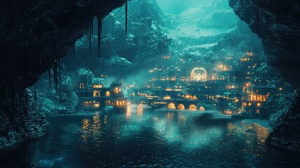 A mystical underwater city illuminated by glowing lights, surrounded by serene waters and rugged cave formations.