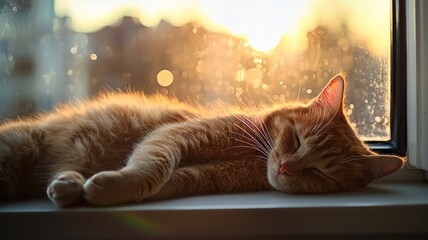 A peaceful orange cat sleeping on a windowsill with a sunset background, capturing a serene moment of relaxation and warmth.