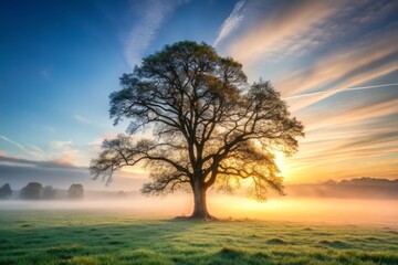 Fototapeta premium A strong, solitary tree stands upright amidst a serene, misty morning landscape, its branches stretching towards the