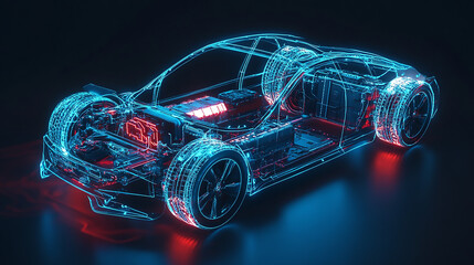 Naklejka premium a wireframe hologram of car with glowing blue lines forming intricate patterns around its iconic structure against an isolated dark background 