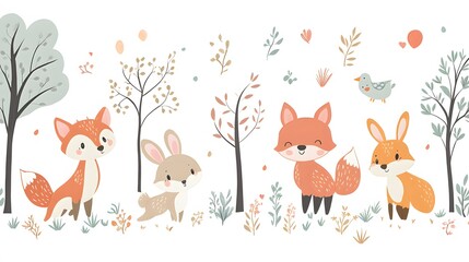Naklejka premium Cute Cartoon Animals in a Forest Setting