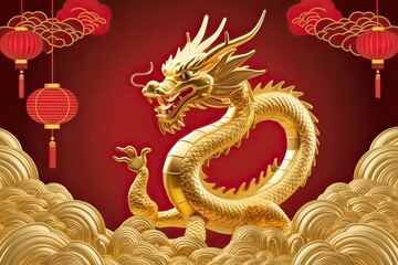 Fototapeta premium 3D Chinese Dragon Gold Illustration for 2024 Lunar New Year Celebration Background