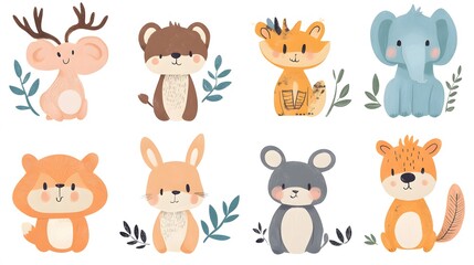 Obraz premium Adorable Cartoon Animals Sitting with Green Leaves