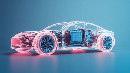 a wireframe hologram of car with glowing blue lines forming intricate patterns around its iconic structure against an isolated dark background