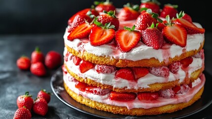 A layered strawberry cake with fluffy cream and strawberry slices between each layer, topped with a glossy strawberry glaze and berries.
