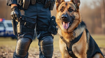 A police officer stands with a loyal German Shepherd dog, showcasing teamwork in law enforcement during a sunny day in the field.