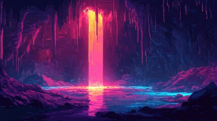 Obraz premium Retro Pixelated Cavern Exploration: 8-Bit Adventure with Glowing Pools and Stalactites in Dark Tones