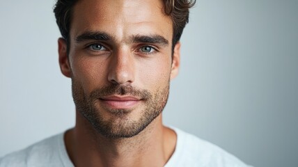 Fototapeta premium A portrait of a confident man with striking blue eyes and a charming smile, embodying modern masculinity and vitality.