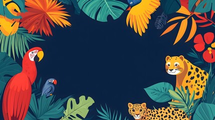 Fototapeta premium Tropical Jungle Scene with Parrot, Leopards, and Lush Foliage