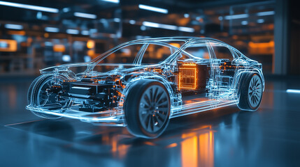 Frontside Futuristic AR car wireframe concept, generative ai, Augmented reality wireframe of car concept with blue background hyper realistic