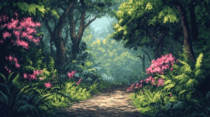 Pixelated Jungle Canopy - Retro Adventure in 16-Bit with Glowing Flowers and Hidden Paths