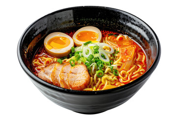 Ramen noodles with boiled eggs in black bowl isolated on transparent white background, clipping path