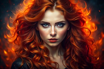 Fototapeta premium A stunning portrait of a beautiful, fiery-haired woman with an intense gaze, conveying a sense of passion, fierce