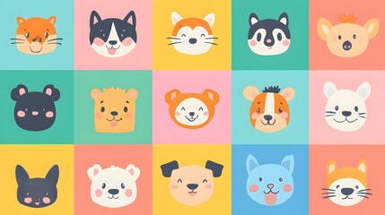 Colorful Cartoon Animal Faces on a Grid Background