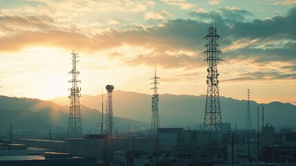 A scenic view of telecommunication towers against a vibrant sunset backdrop, highlighting the intersection of technology and nature.